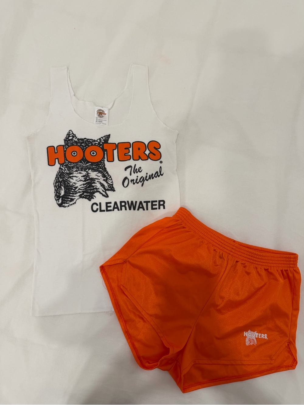 Hooters White Tank Top with Bright Orange Athletic Shorts - Clearwater Graphic